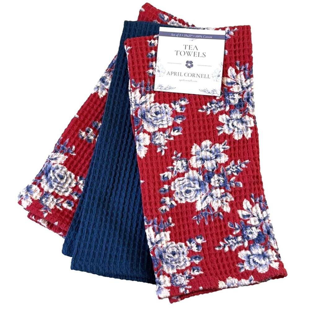 April Cornell Kitchen (3) Dish Towels Willa Rose Waffle Weave Red White Blue